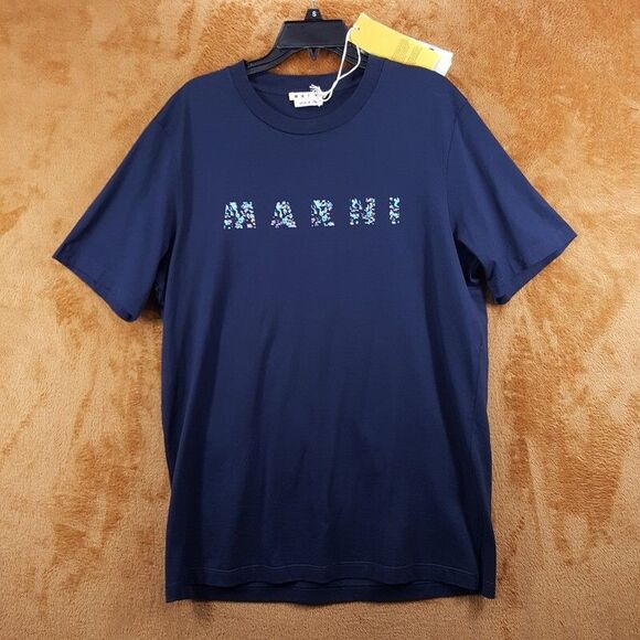 MARNI Shirt Mens Size 52 Navy Pullover Crew Floral Logo Graphic $450 - Picture 1 of 8